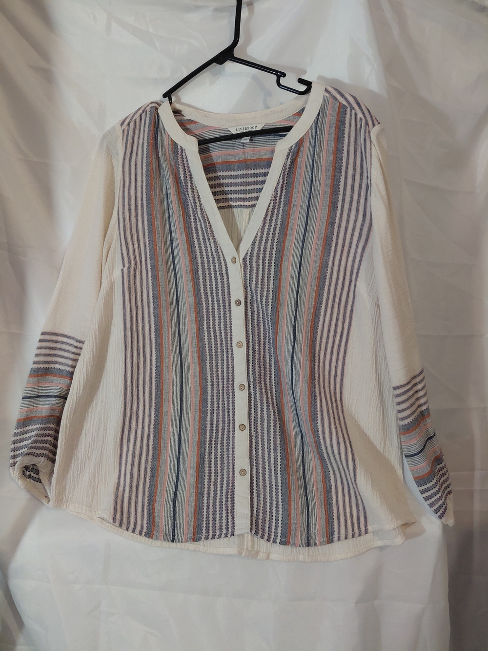 Liverpool Cream Button-Down Top with Blue, Pink and Gray Stripes